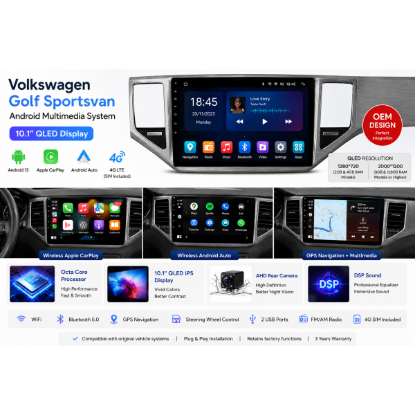 10.1 Android GPS Screen for Volkswagen Golf Sportsvan Android 15 QLED CarPlay TR4934