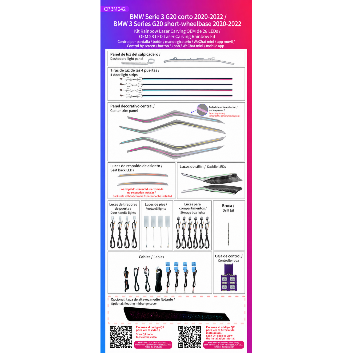 Kit iluminación ambiental BMW Serie 3 G20 corto 2020-2022 28 LED Laser Carving Rainbow TR4954 1