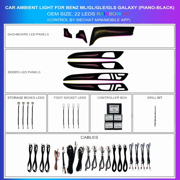 Kit iluminación ambiental Mercedes ML GL GLE GLS 22 LEDs RGB paneles OEM TR4774