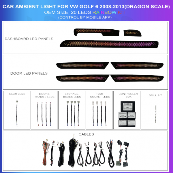 Volkswagen Golf 6 2008-2013 20 LED Dragon Scale Rainbow OEM ambient lighting kit TR4601