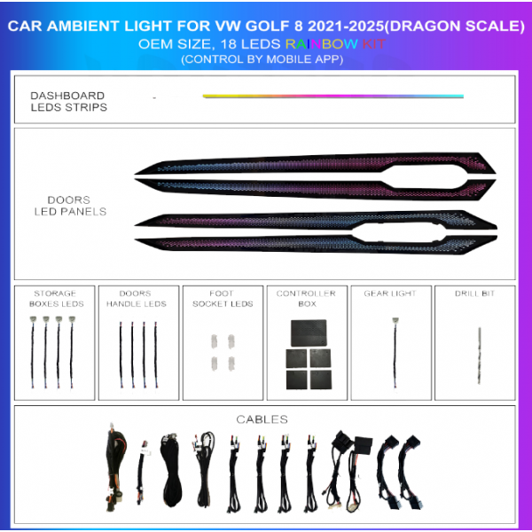Kit iluminación ambiental Volkswagen Golf 8 2021-2026 18 LED Dragon Scale Rainbow OEM TR4597