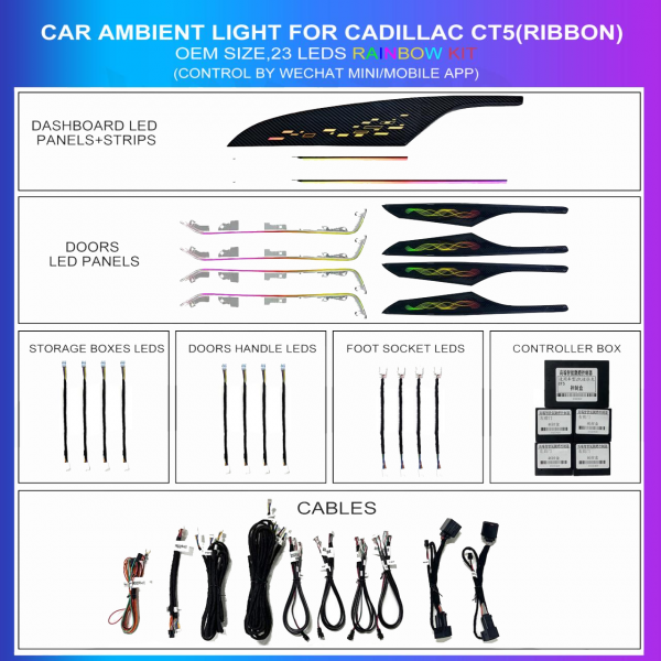 Ambient lighting kit for Cadillac CT5 2020-2024 Ribbon, 23 LEDs Rainbow, TR4751