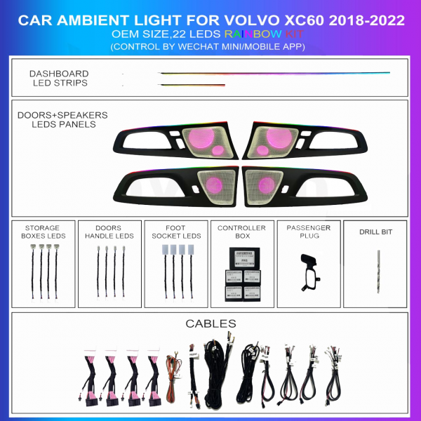 Kit de iluminación ambiental para Volvo XC60 2018-2024, 22 LED multicolor, TR4735