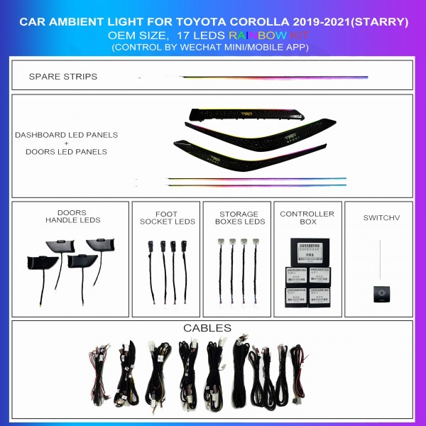 Kit de iluminación ambiental para Toyota Corolla 2019-2021, efecto estrellado, 17 LED multicolor, TR4681