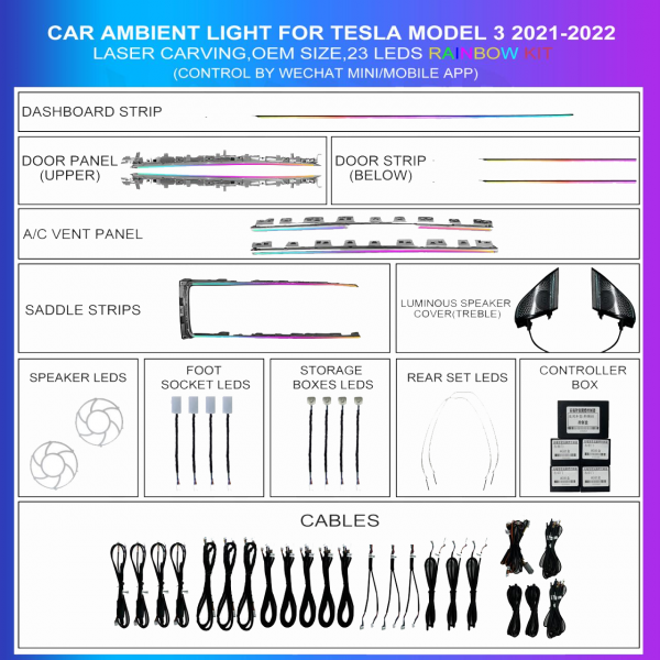 Iluminación ambiental interior para Tesla Model 3 2021-2022, kit completo 23 LEDs Rainbow, instalación específica, TR4639