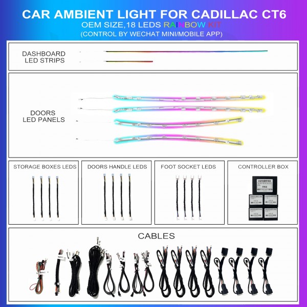 Ambient lighting kit for Cadillac CT6 2016-2022, 18 LEDs Rainbow, TR4749